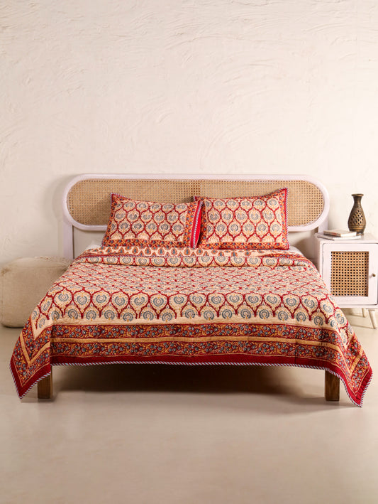 Jaipuri Hand Block Quilted Bedcover Set (with Pillow Covers)