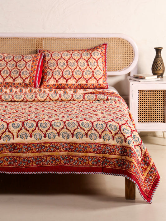 Jaipuri Hand Block Quilted Bedcover Set (with Pillow Covers)