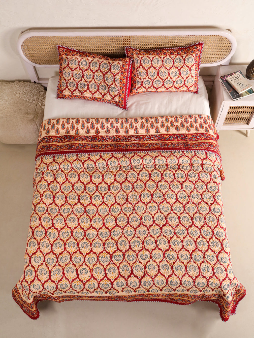RED RUSTIC RUBY HAND BLOCK PRINT QUILTED BEDCOVER /COMFORTER