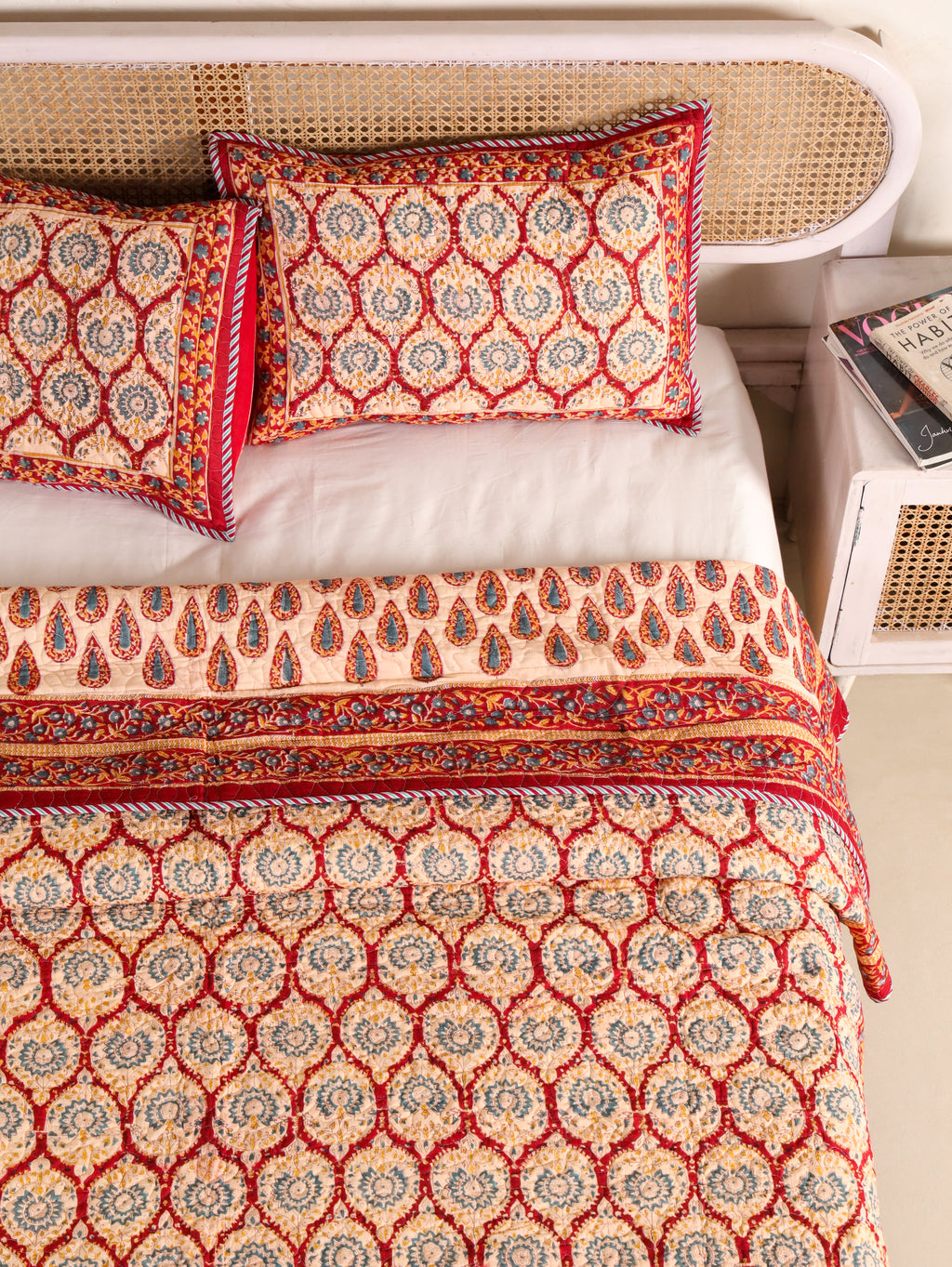 RED RUSTIC RUBY HAND BLOCK PRINT QUILTED BEDCOVER /COMFORTER