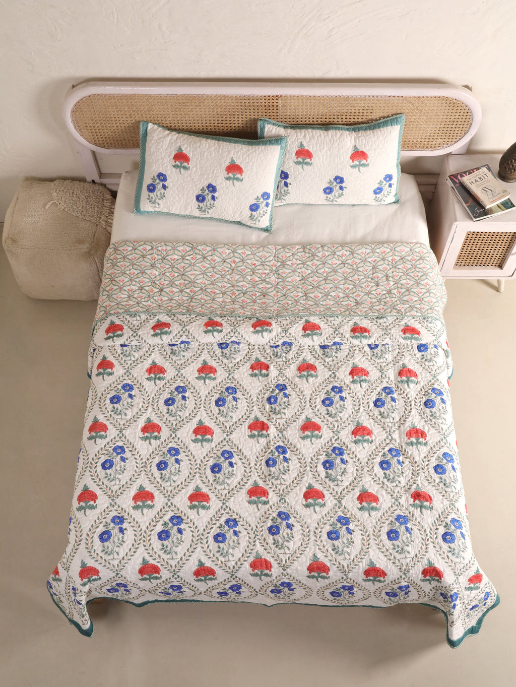 MUGHAL PHOOLKARI JAAL HAND BLOCK PRINT QUILTED BEDCOVER /COMFORTER