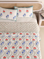 MUGHAL PHOOLKARI JAAL HAND BLOCK PRINT QUILTED BEDCOVER /COMFORTER