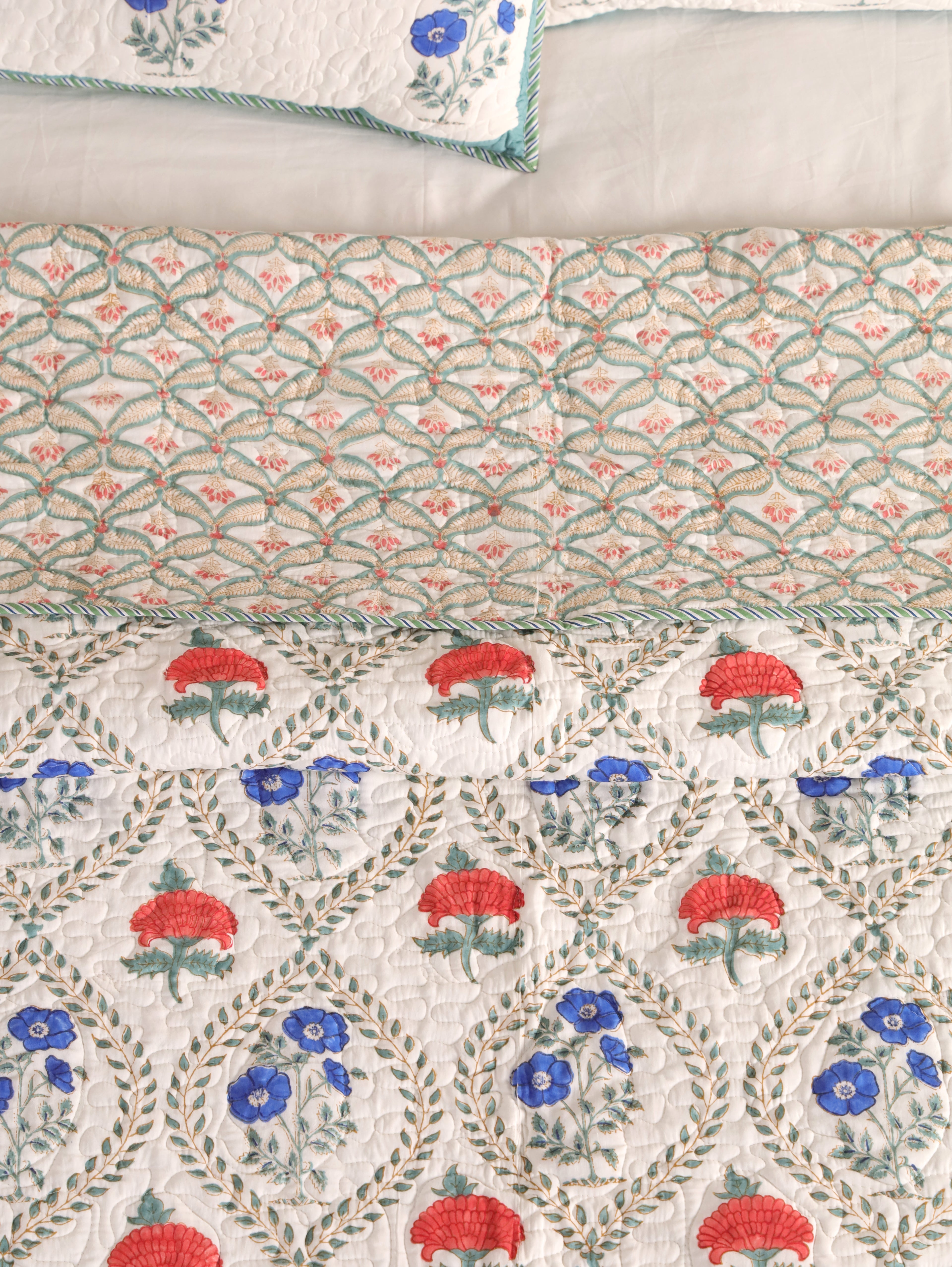 MUGHAL PHOOLKARI JAAL HAND BLOCK PRINT QUILTED BEDCOVER /COMFORTER