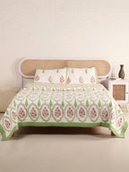GREEN MUGHAL GARDEN HAND BLOCK PRINT QUILTED BEDCOVER /COMFORTER