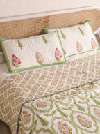 GREEN MUGHAL GARDEN HAND BLOCK PRINT QUILTED BEDCOVER /COMFORTER
