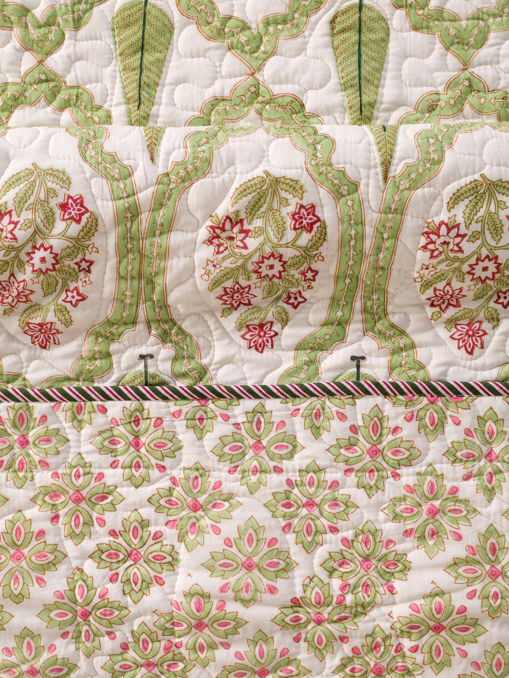 GREEN MUGHAL GARDEN HAND BLOCK PRINT QUILTED BEDCOVER /COMFORTER