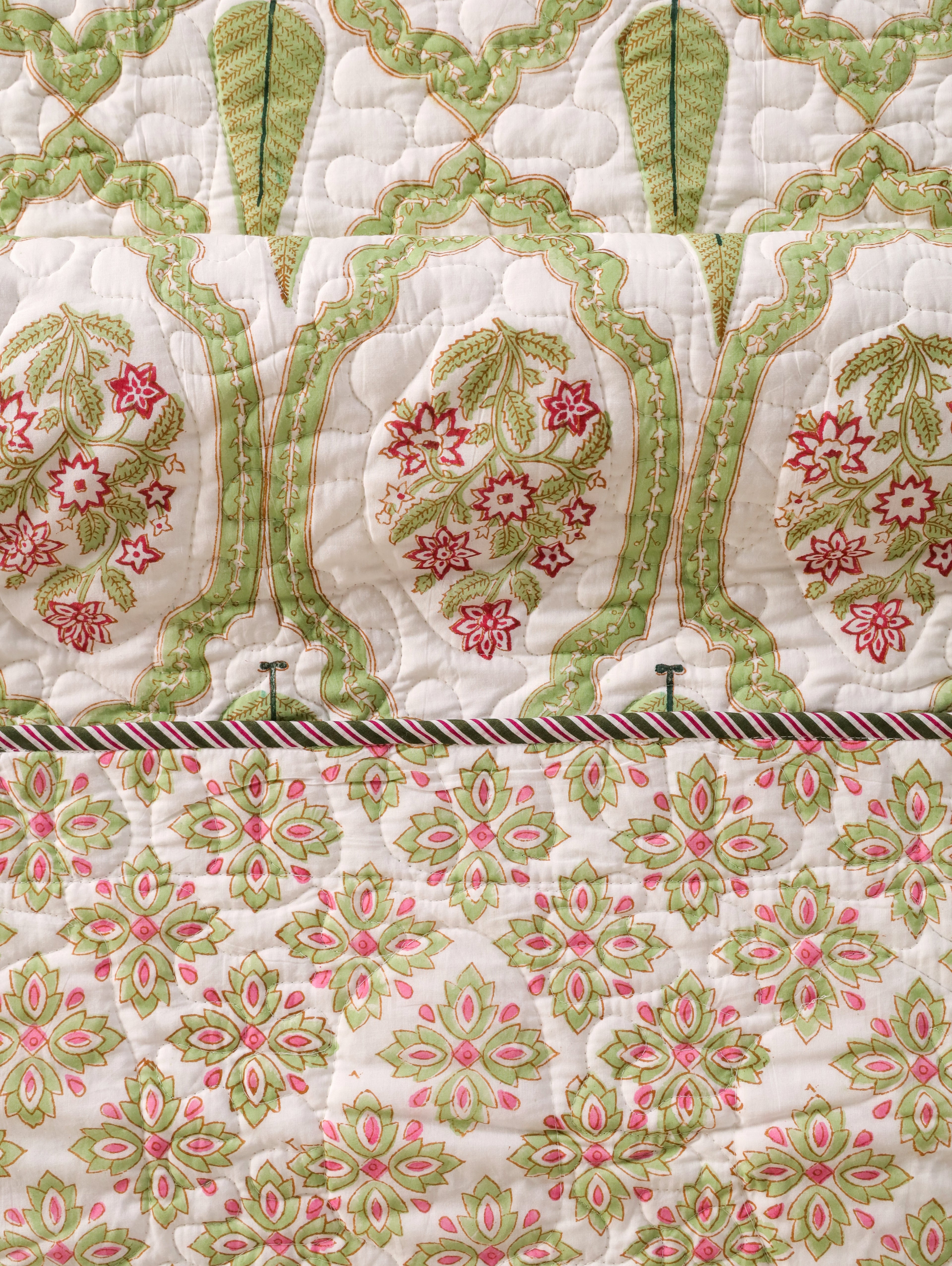 GREEN MUGHAL GARDEN HAND BLOCK PRINT QUILTED BEDCOVER /COMFORTER