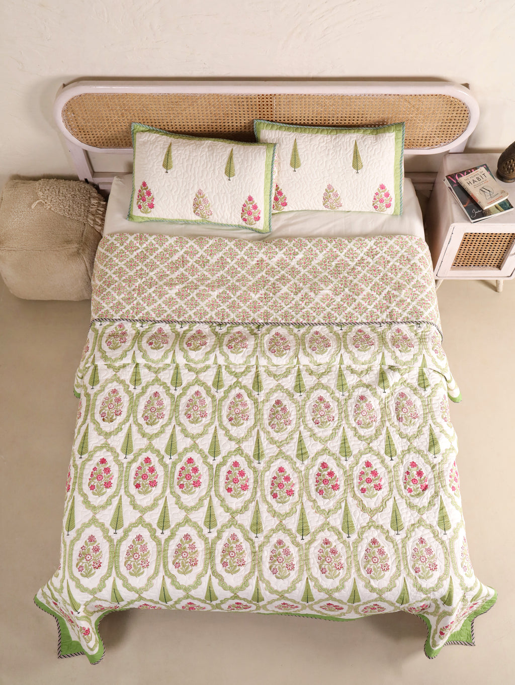 GREEN MUGHAL GARDEN HAND BLOCK PRINT QUILTED BEDCOVER /COMFORTER