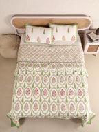 GREEN MUGHAL GARDEN HAND BLOCK PRINT QUILTED BEDCOVER /COMFORTER