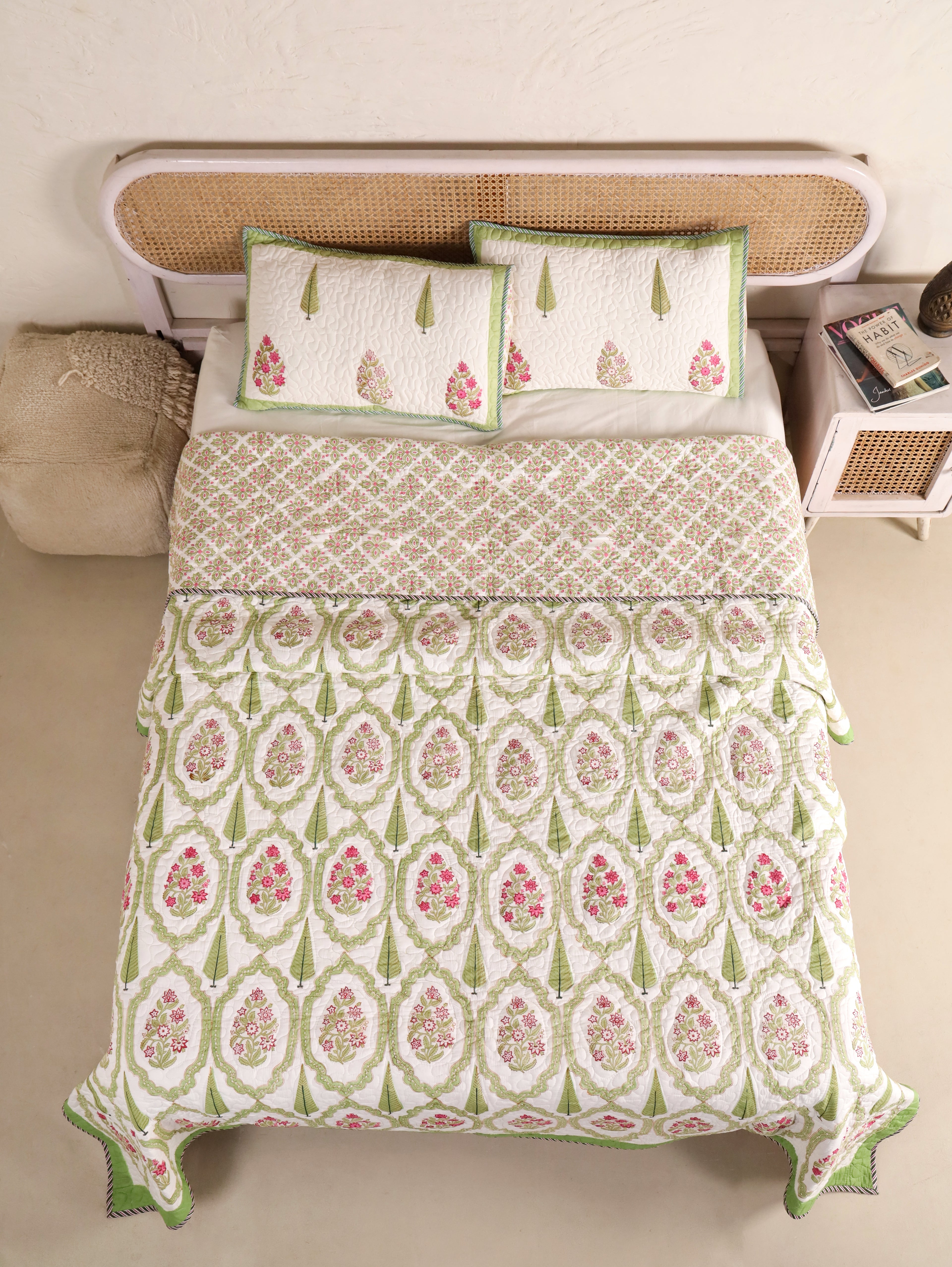 GREEN MUGHAL GARDEN HAND BLOCK PRINT QUILTED BEDCOVER /COMFORTER