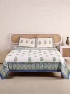 PACIFIC BLUE MEHRAB BUTTA HAND BLOCK PRINT QUILTED BEDCOVER /COMFORTER