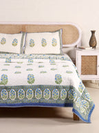 PACIFIC BLUE MEHRAB BUTTA HAND BLOCK PRINT QUILTED BEDCOVER /COMFORTER