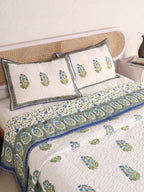 PACIFIC BLUE MEHRAB BUTTA HAND BLOCK PRINT QUILTED BEDCOVER /COMFORTER