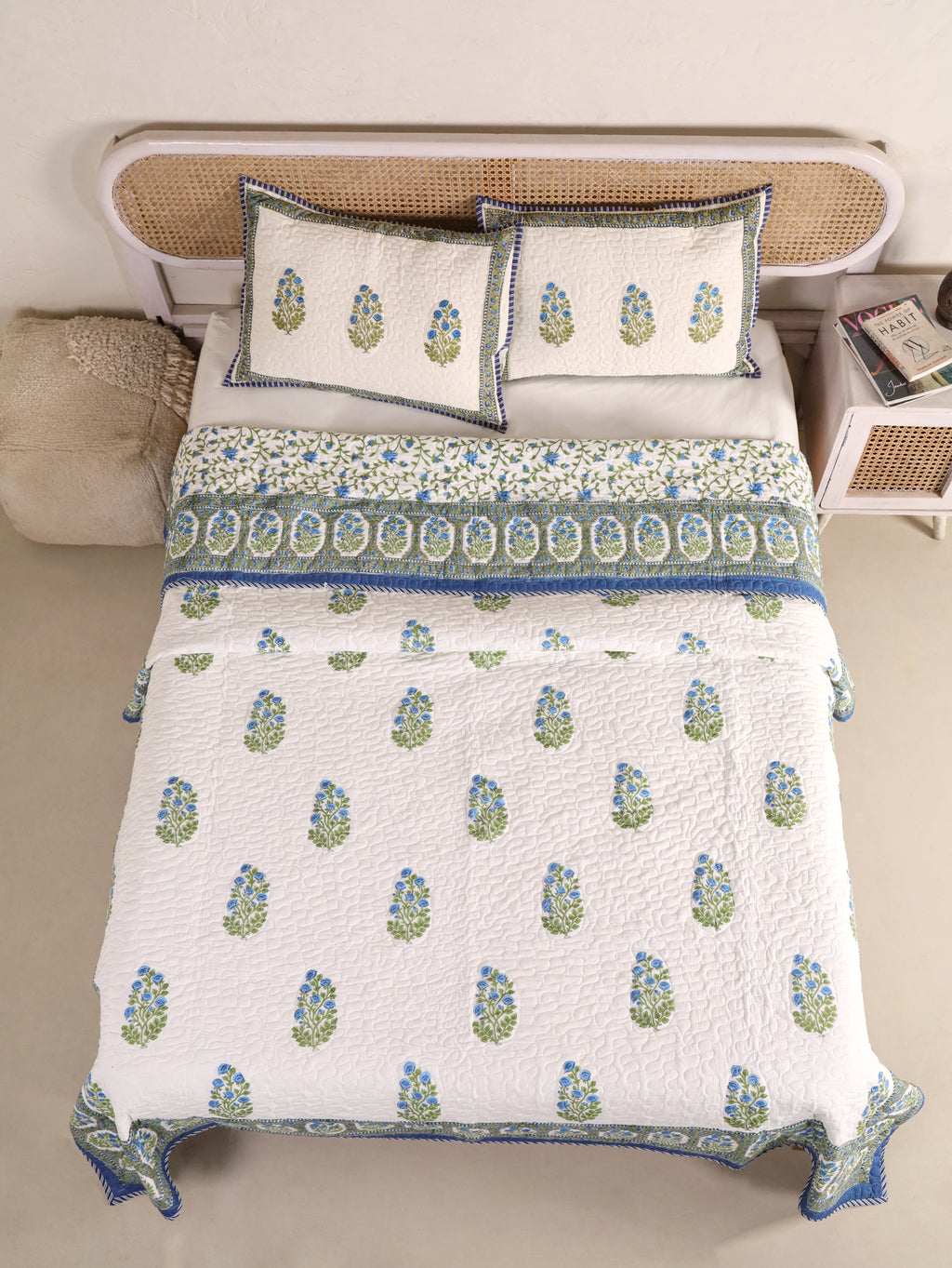PACIFIC BLUE MEHRAB BUTTA HAND BLOCK PRINT QUILTED BEDCOVER /COMFORTER