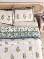 PACIFIC BLUE MEHRAB BUTTA HAND BLOCK PRINT QUILTED BEDCOVER /COMFORTER