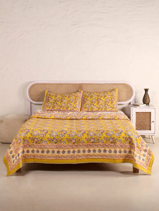 Jaipuri Hand Block Quilted Bedcover Set (with Pillow Covers)