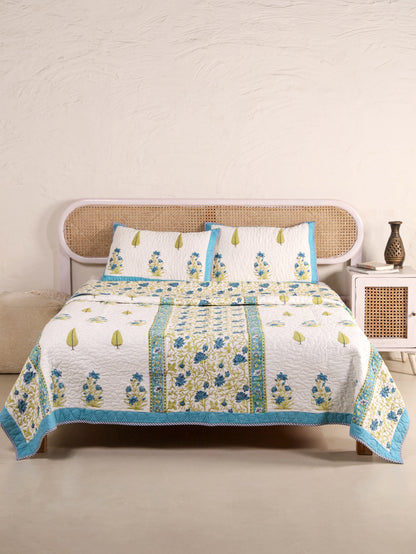 Jaipuri Hand Block Quilted Bedcover Set (with Pillow Covers)