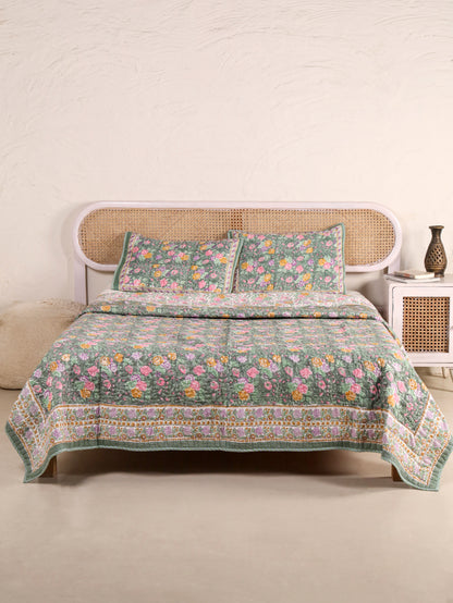 Jaipuri Hand Block Quilted Bedcover Set (with Pillow Covers)