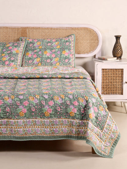 Jaipuri Hand Block Quilted Bedcover Set (with Pillow Covers)