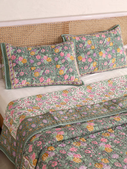 Jaipuri Hand Block Quilted Bedcover Set (with Pillow Covers)