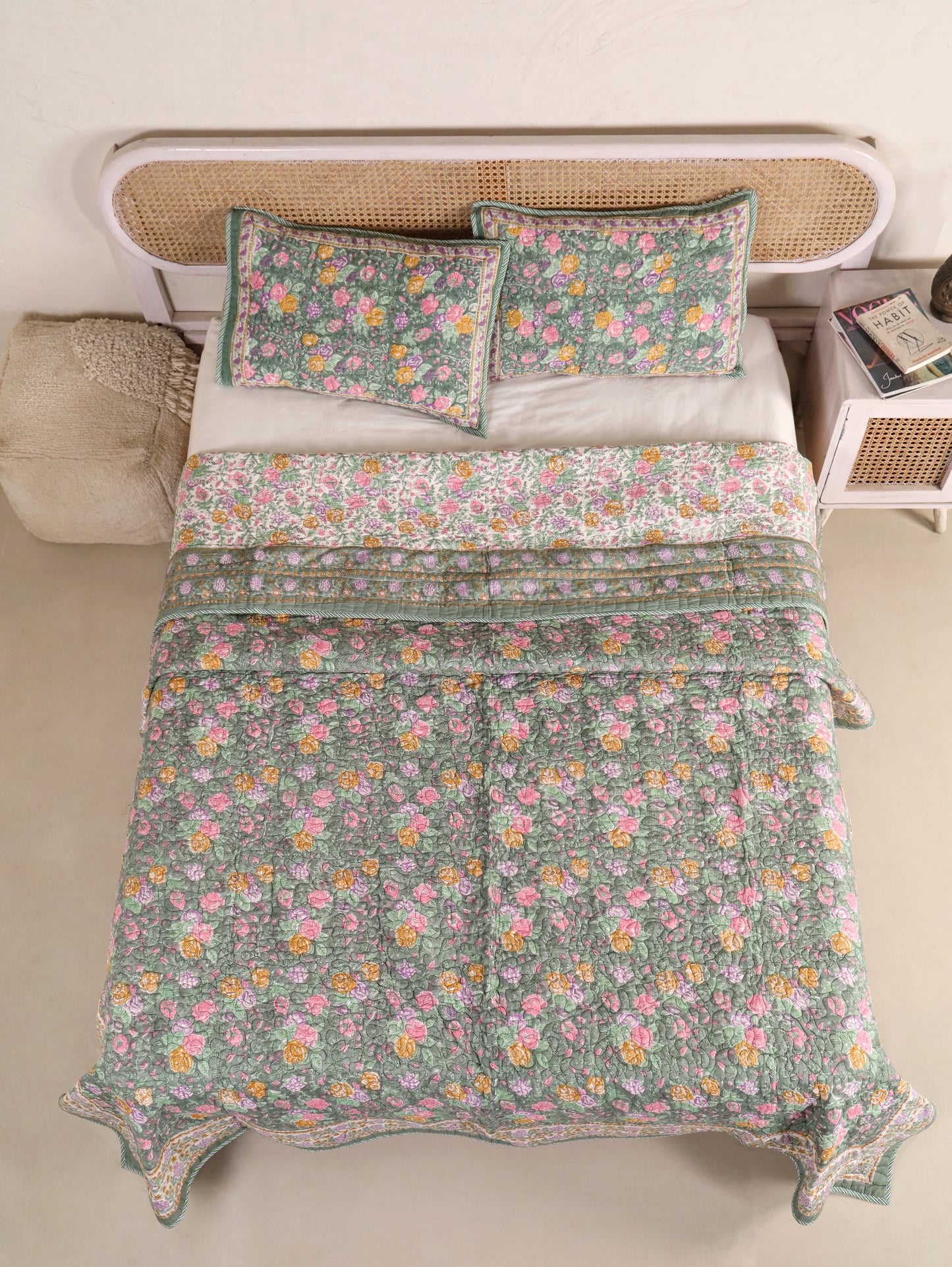 Jaipuri Hand Block Quilted Bedcover Set (with Pillow Covers)
