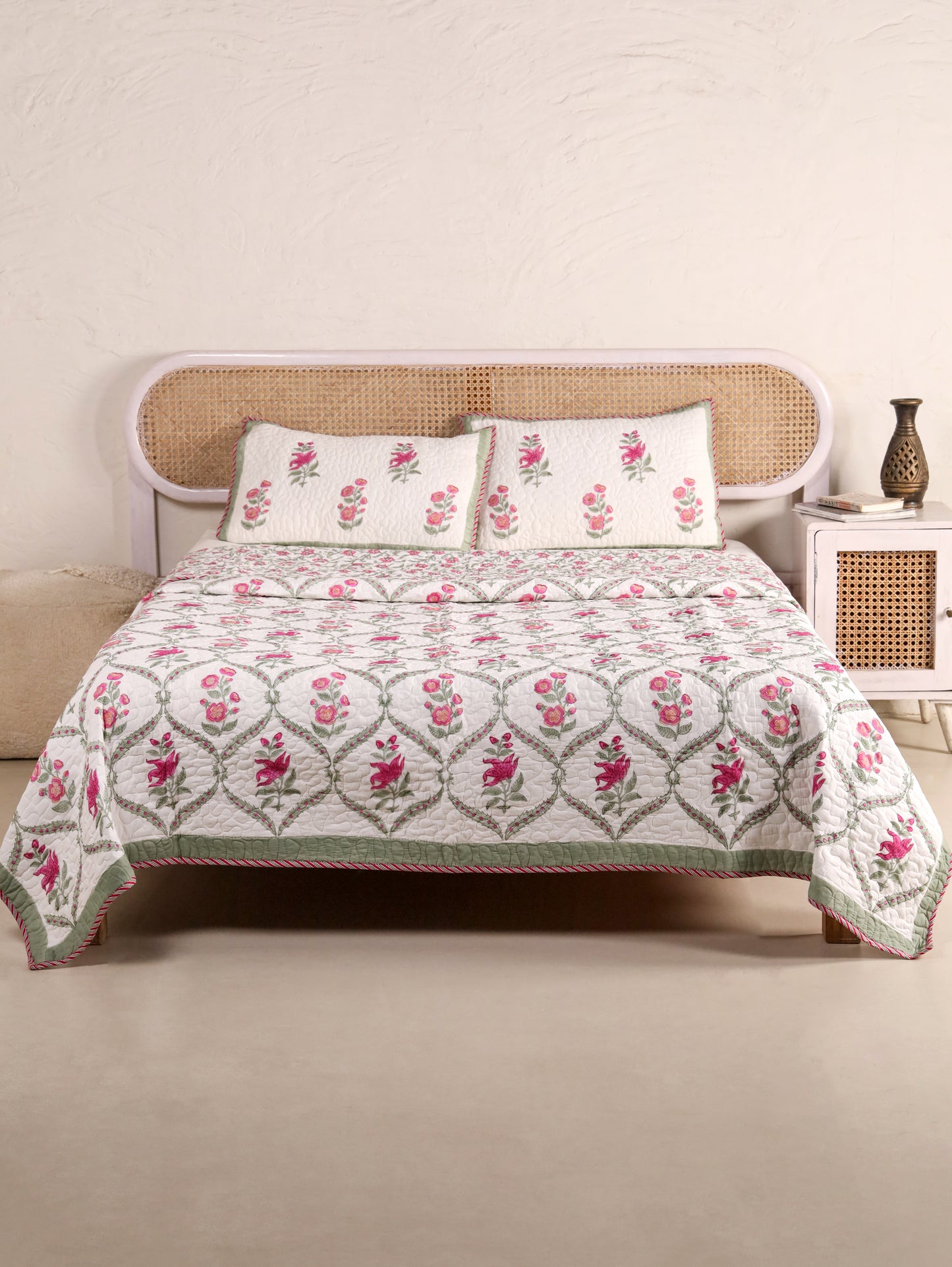 Jaipuri Hand Block Quilted Bedcover Set (with Pillow Covers)