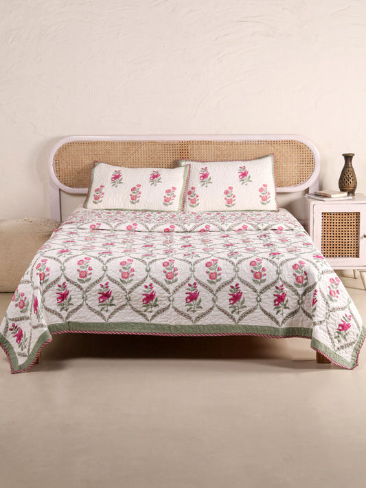 Jaipuri Hand Block Quilted Bedcover Set (with Pillow Covers)