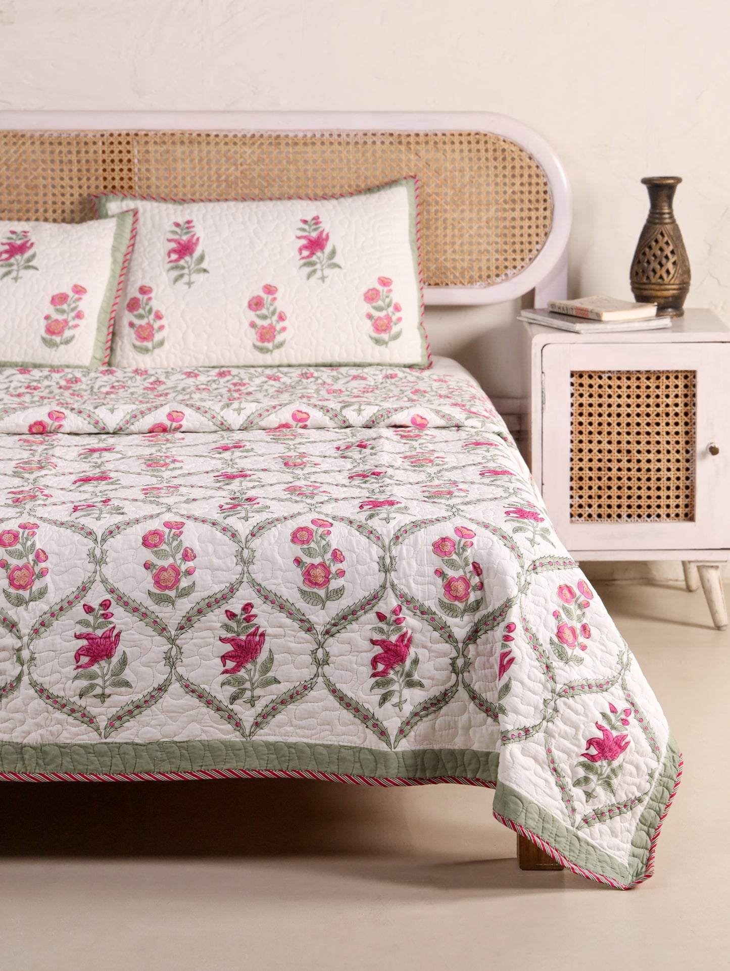 Jaipuri Hand Block Quilted Bedcover Set (with Pillow Covers)