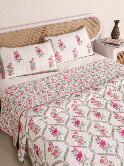 Jaipuri Hand Block Quilted Bedcover Set (with Pillow Covers)