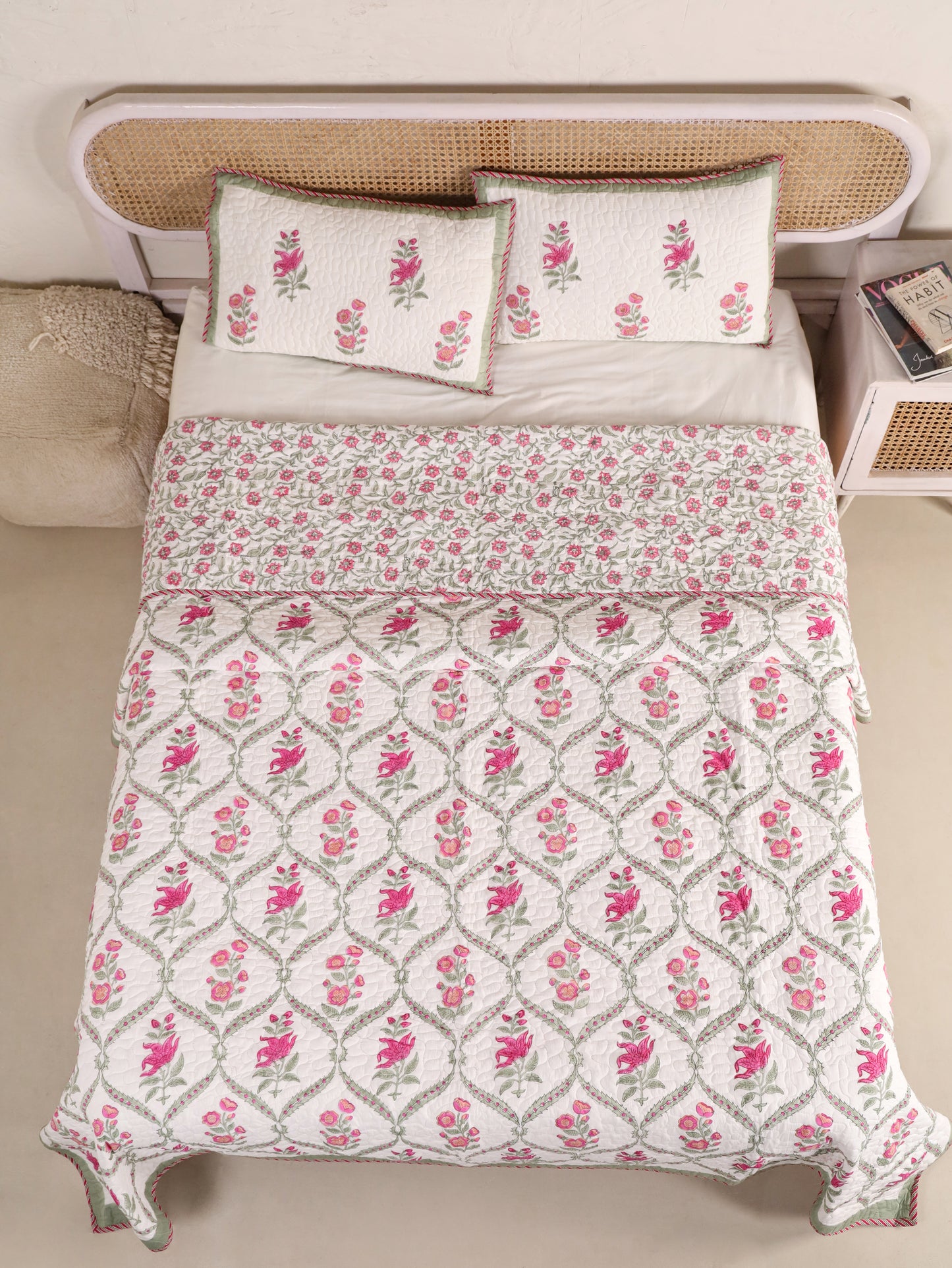 Jaipuri Hand Block Quilted Bedcover Set (with Pillow Covers)