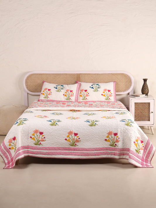 Jaipuri Hand Block Quilted Bedcover Set (with Pillow Covers)
