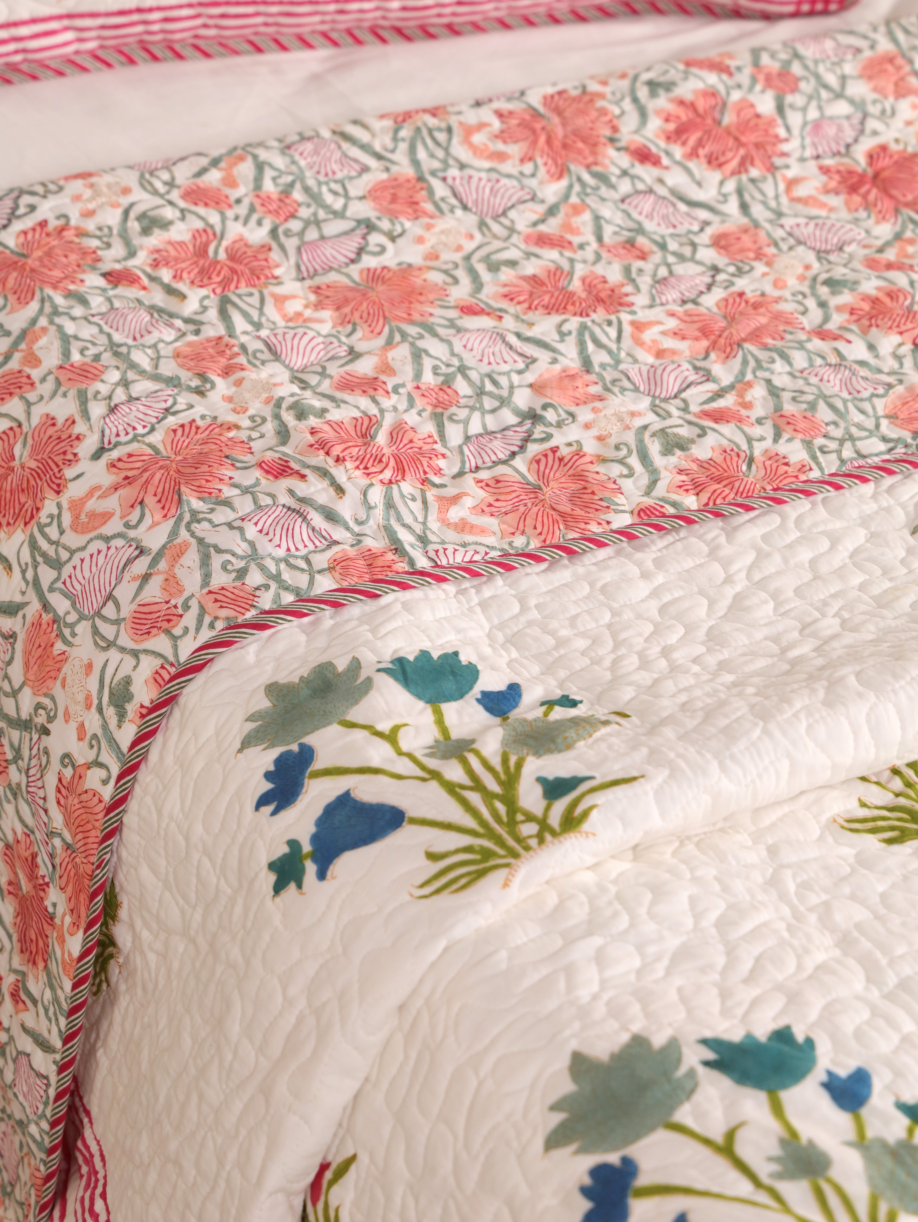 MUGHAL PINJOR BUTTA HAND BLOCK PRINT QUILTED BEDCOVER /COMFORTER