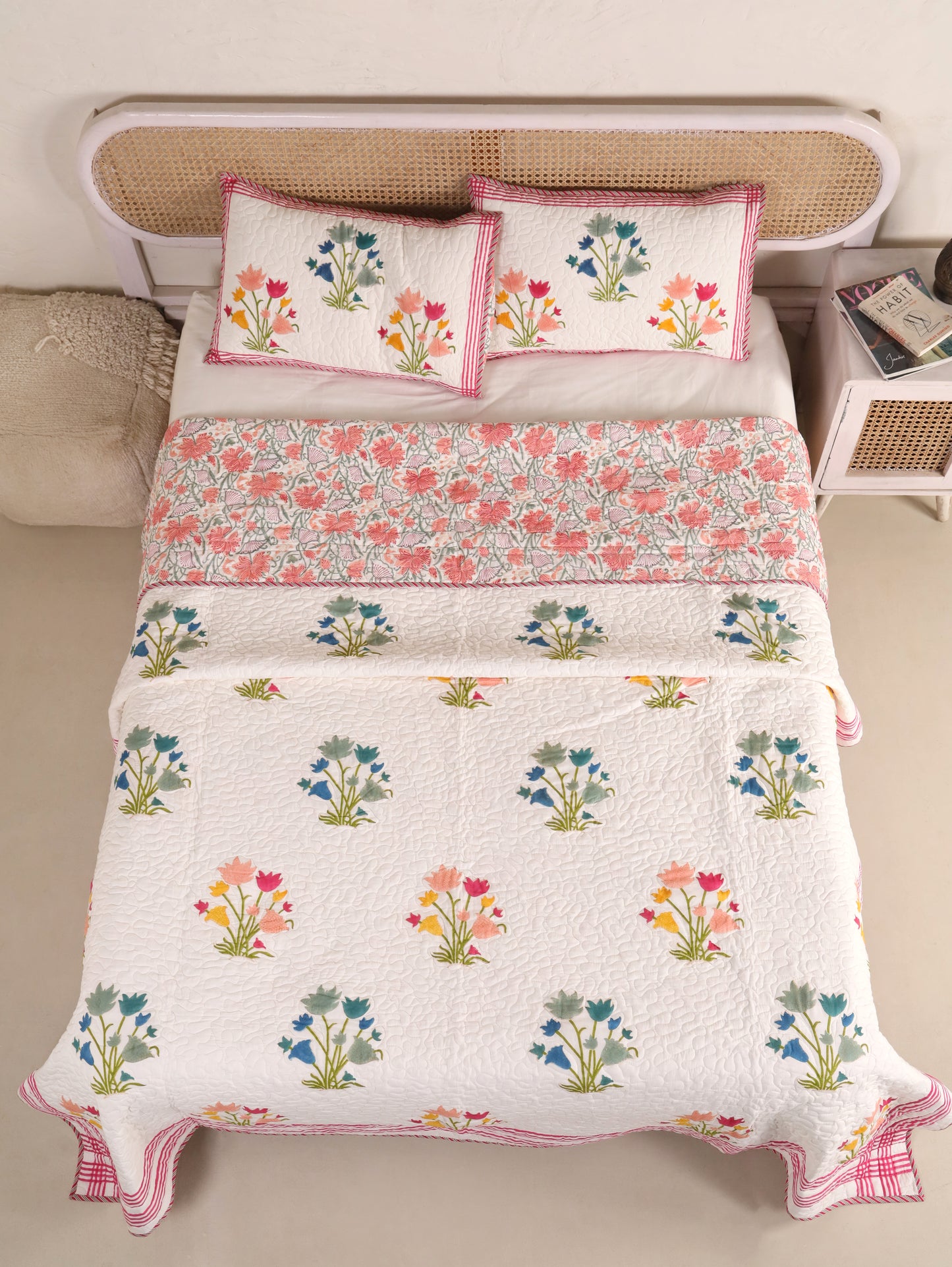 Jaipuri Hand Block Quilted Bedcover Set (with Pillow Covers)