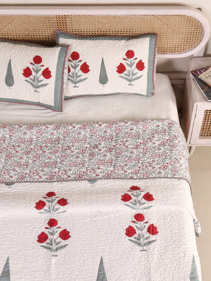 Jaipuri Hand Block Quilted Bedcover Set (with Pillow Covers)