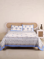 OCEAN BLUE PALM-TREE HAND BLOCK PRINT QUILTED BEDCOVER /COMFORTER