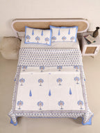 OCEAN BLUE PALM-TREE HAND BLOCK PRINT QUILTED BEDCOVER /COMFORTER