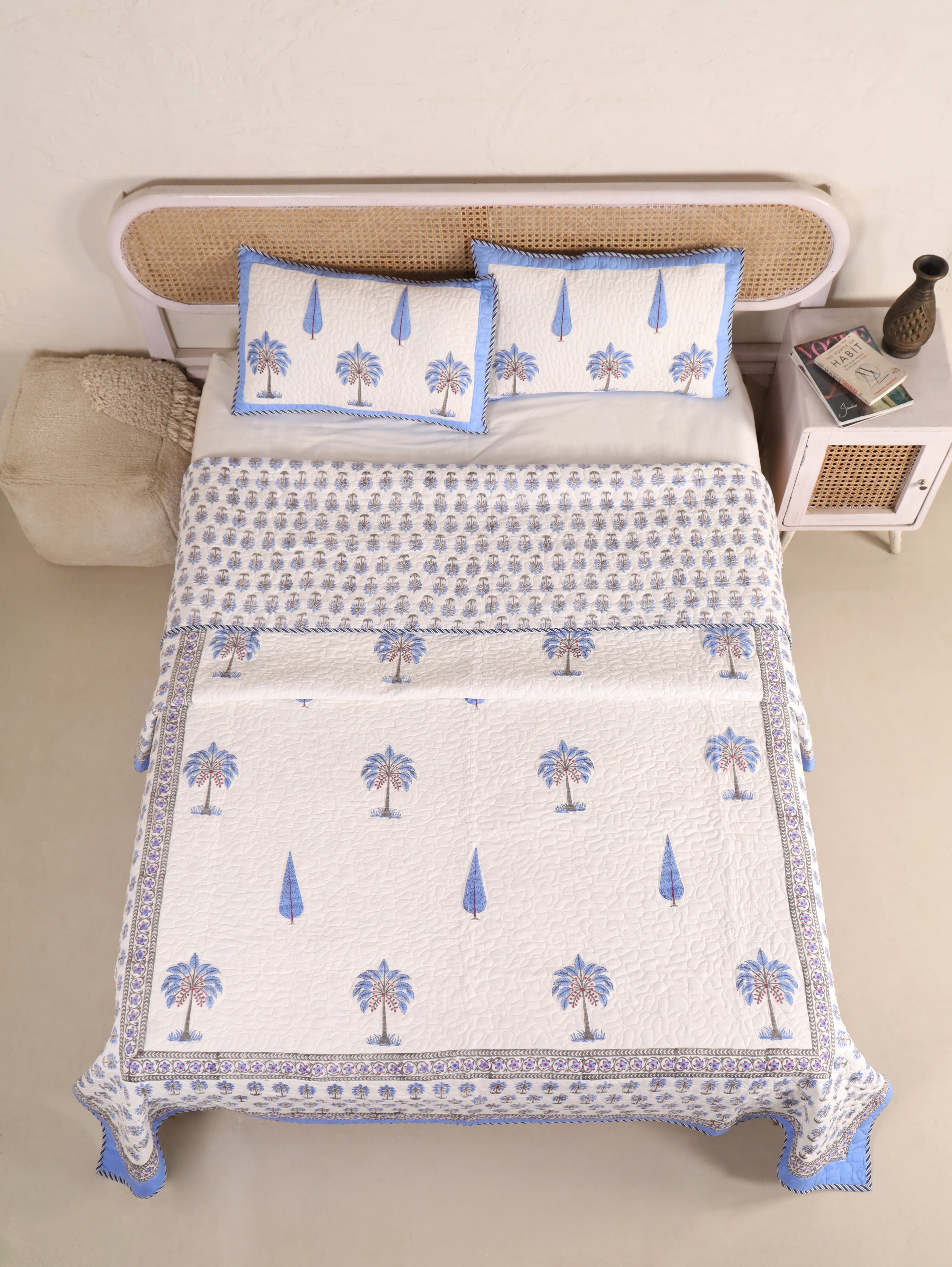 OCEAN BLUE PALM-TREE HAND BLOCK PRINT QUILTED BEDCOVER /COMFORTER