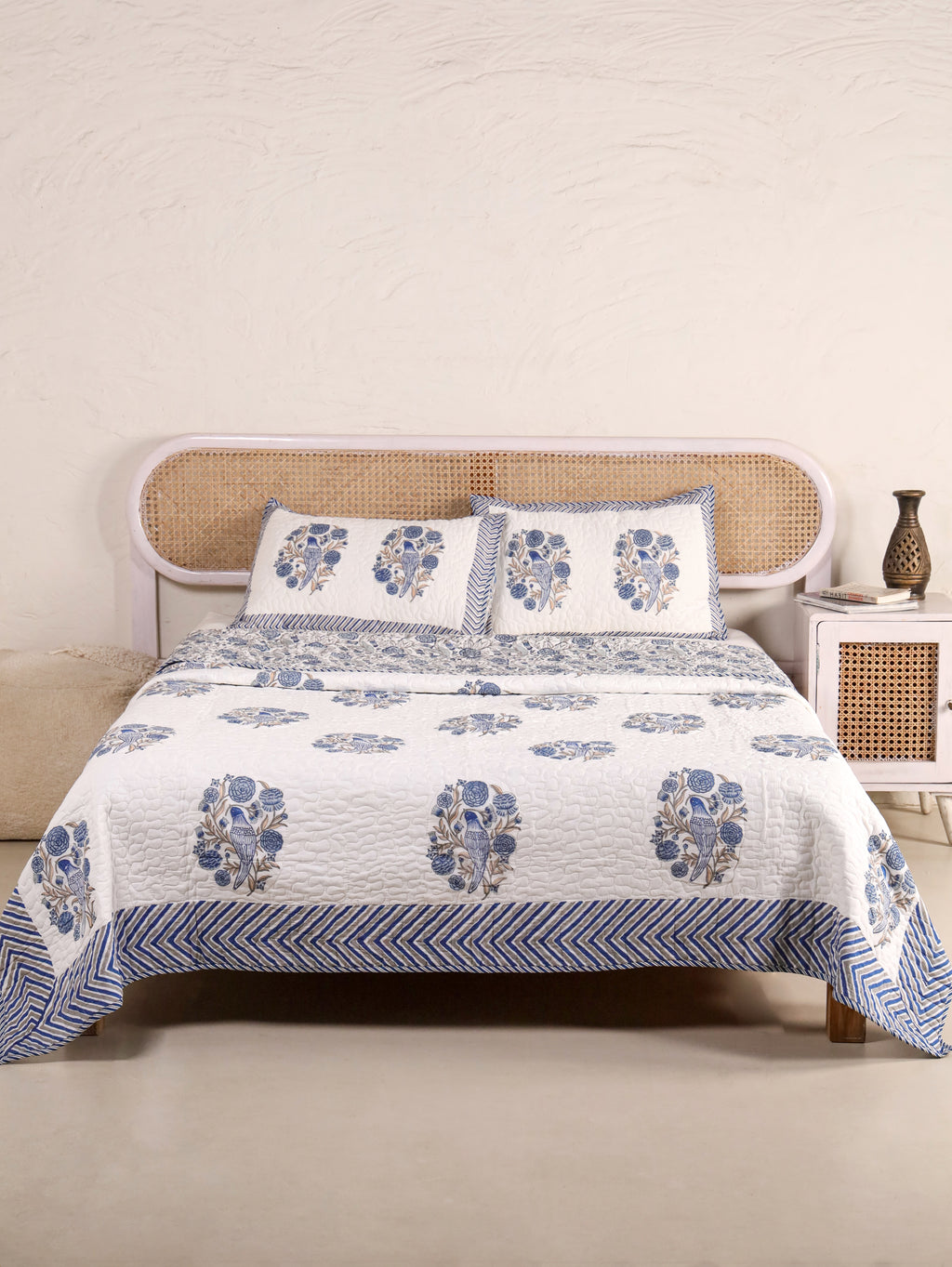 BLUE BIRD HAND BLOCK PRINT QUILTED BEDCOVER /COMFORTER