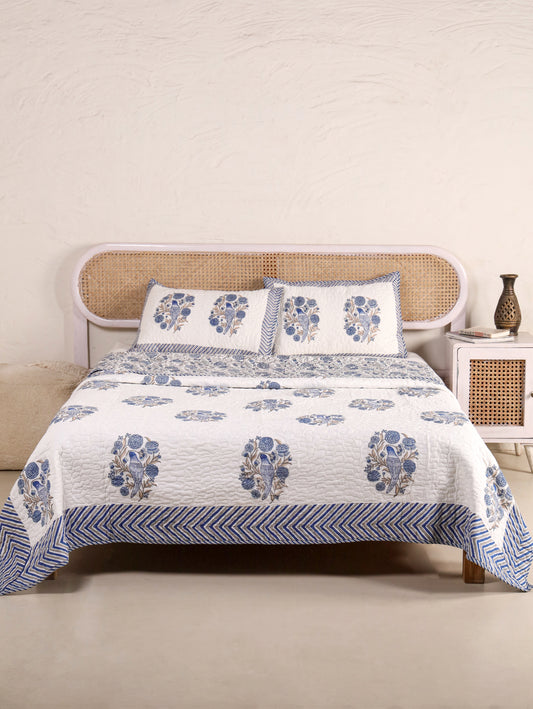 Jaipuri Hand Block Quilted Bedcover Set (with Pillow Covers)