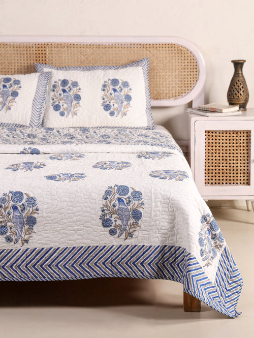 BLUE BIRD HAND BLOCK PRINT QUILTED BEDCOVER /COMFORTER