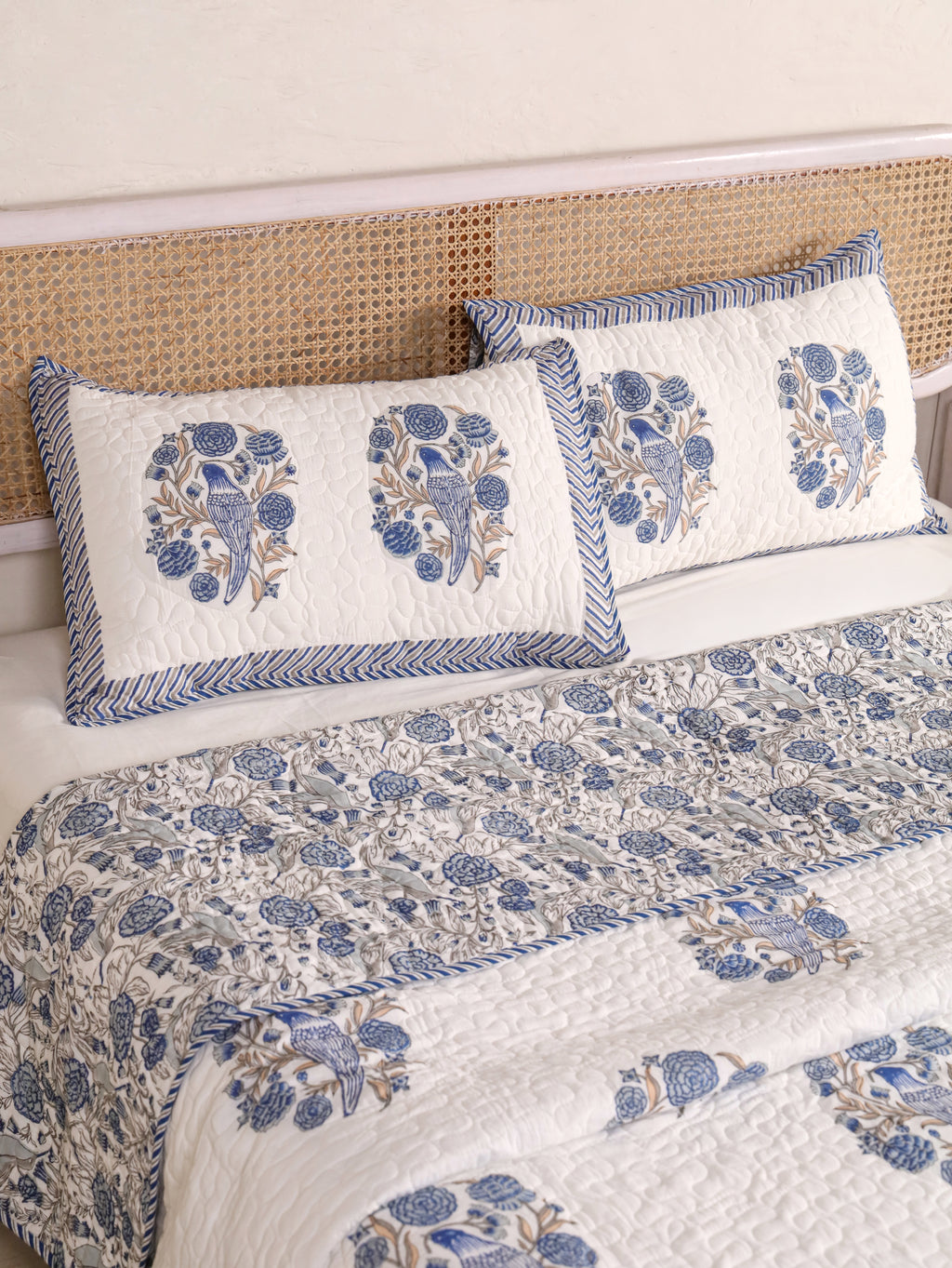 BLUE BIRD HAND BLOCK PRINT QUILTED BEDCOVER /COMFORTER