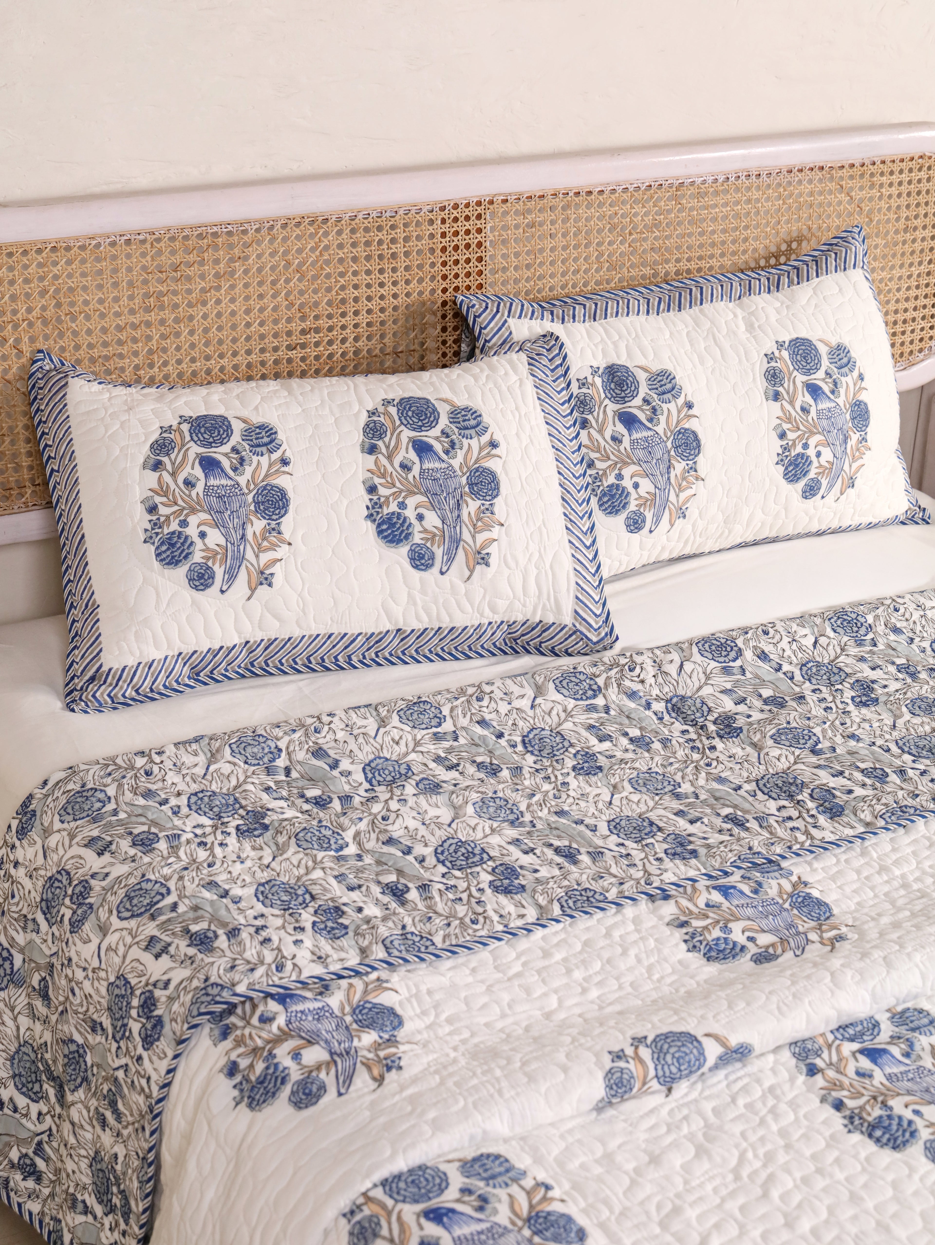 BLUE BIRD HAND BLOCK PRINT QUILTED BEDCOVER /COMFORTER