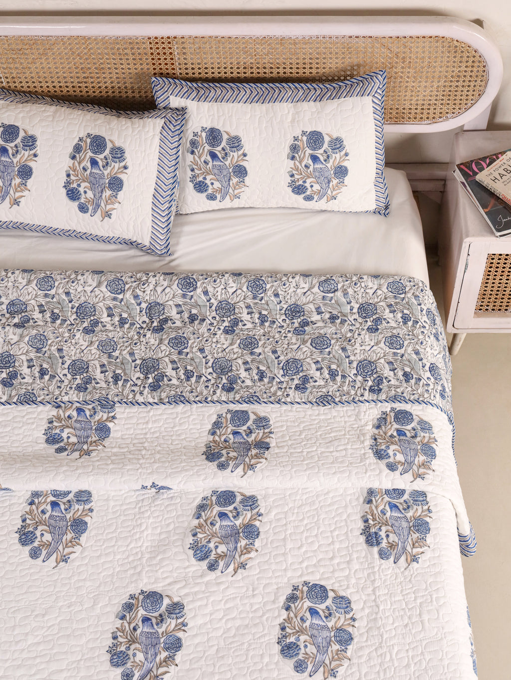 BLUE BIRD HAND BLOCK PRINT QUILTED BEDCOVER /COMFORTER