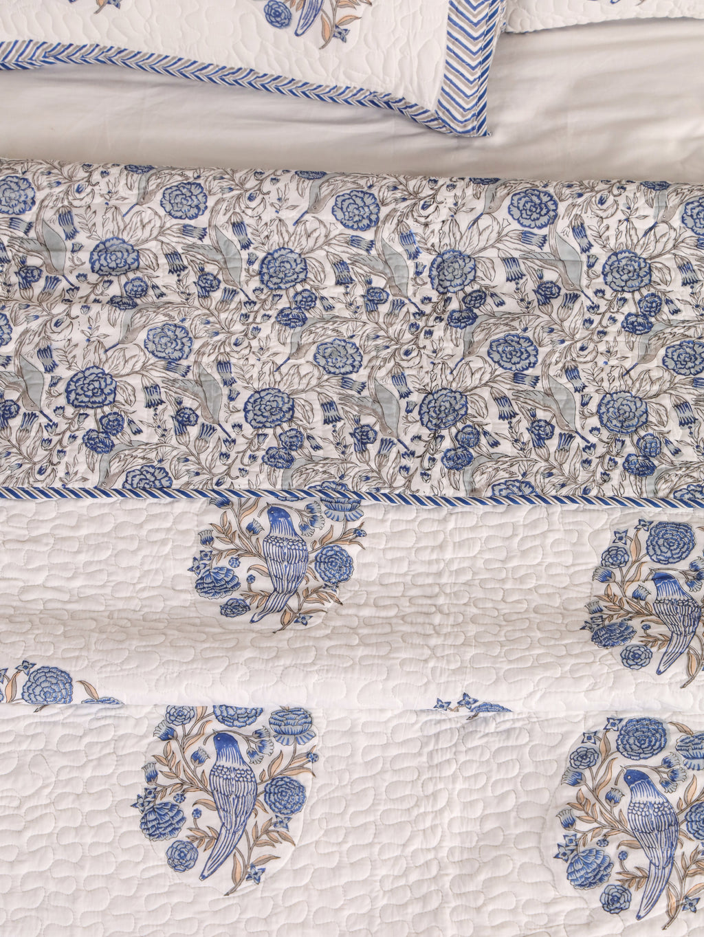 BLUE BIRD HAND BLOCK PRINT QUILTED BEDCOVER /COMFORTER