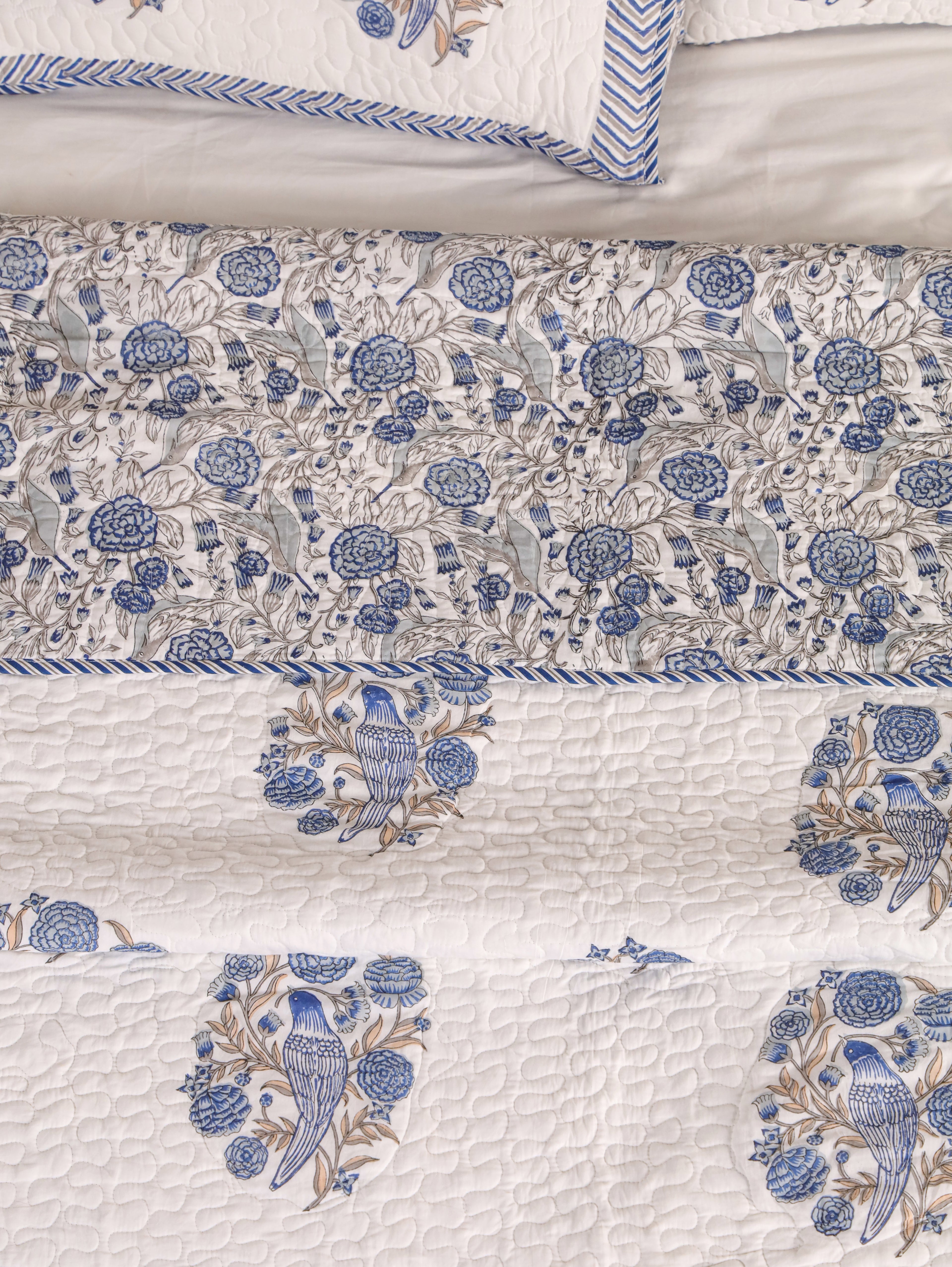BLUE BIRD HAND BLOCK PRINT QUILTED BEDCOVER /COMFORTER