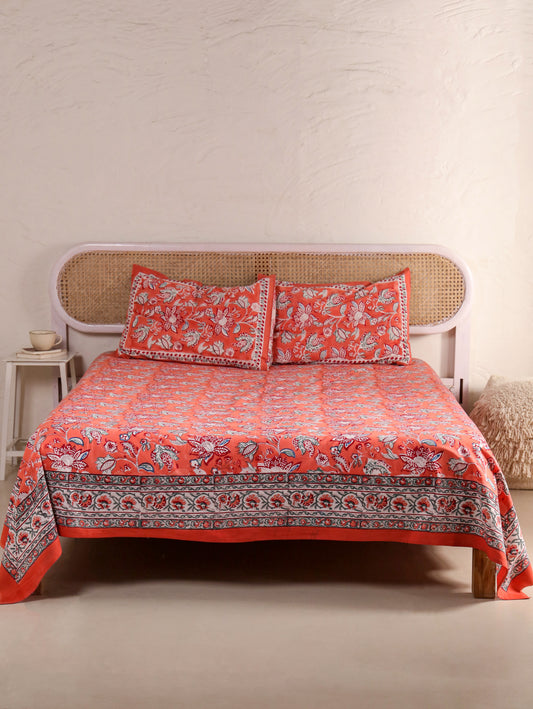 Hand Block Print Jaipuri Cotton Bedsheet With Two Reversible Pillow Cover