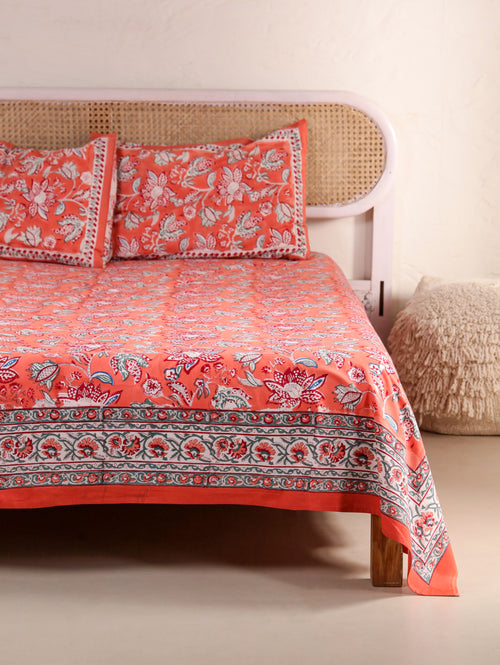 CLASSIC JAIPUR FLORAL PRINT HAND BLOCK PRINT COTTON BEDSHEET WITH PILLOW COVER