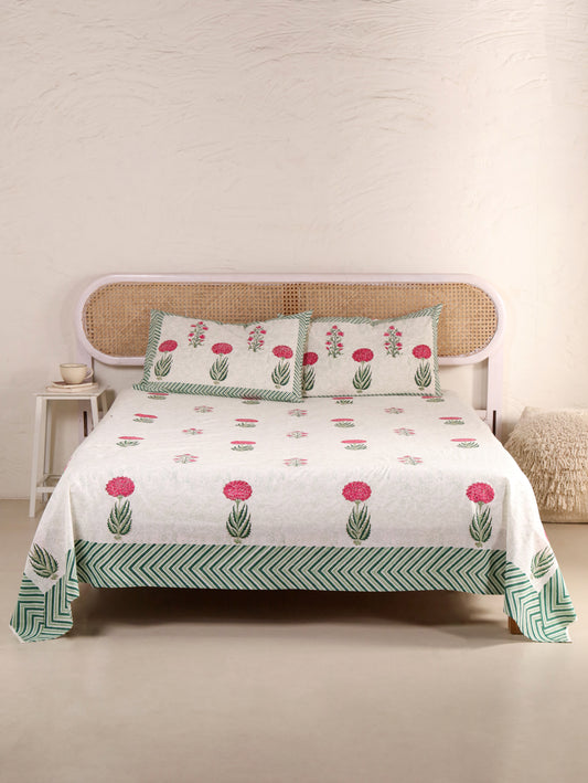 Hand Block Print Jaipuri Cotton Bedsheet With Two Reversible Pillow Cover