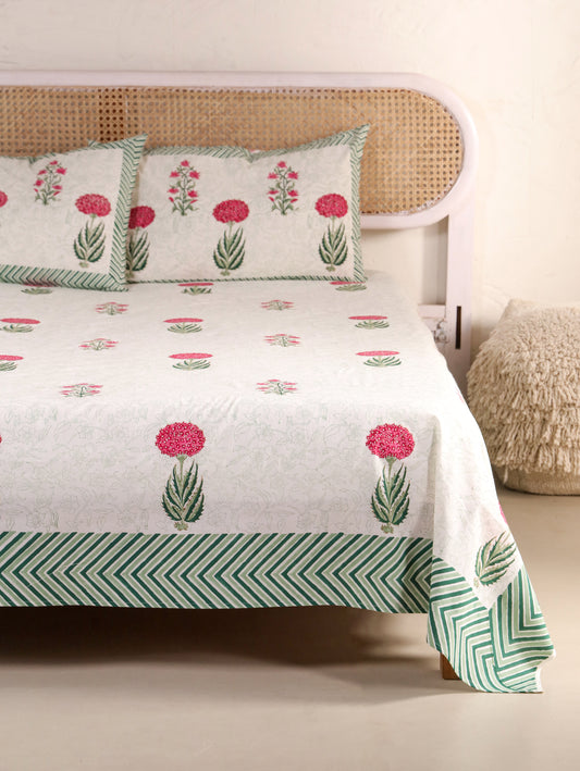 Hand Block Print Jaipuri Cotton Bedsheet With Two Reversible Pillow Cover