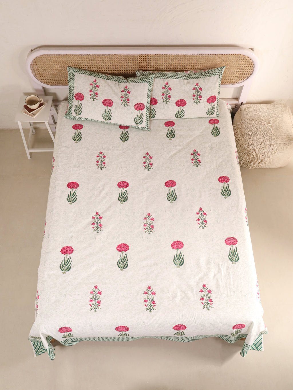 Hand Block Print Jaipuri Cotton Bedsheet With Two Reversible Pillow Cover